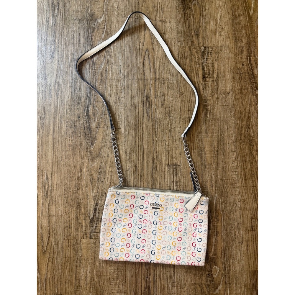 Guess Multicolor Monogram Logo Crossbody Bag White Silver Chain Strap Slim